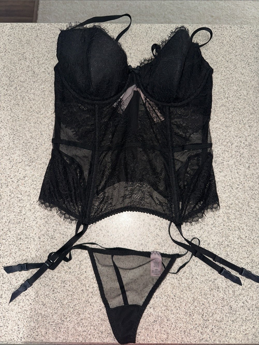 NWT Victoria’s Secret Black Lace Bustier and Thong Lingerie Set 36D